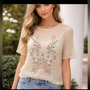 Floral embroidered sheer mesh Swiss dot top Sz M fairycore festival botanical